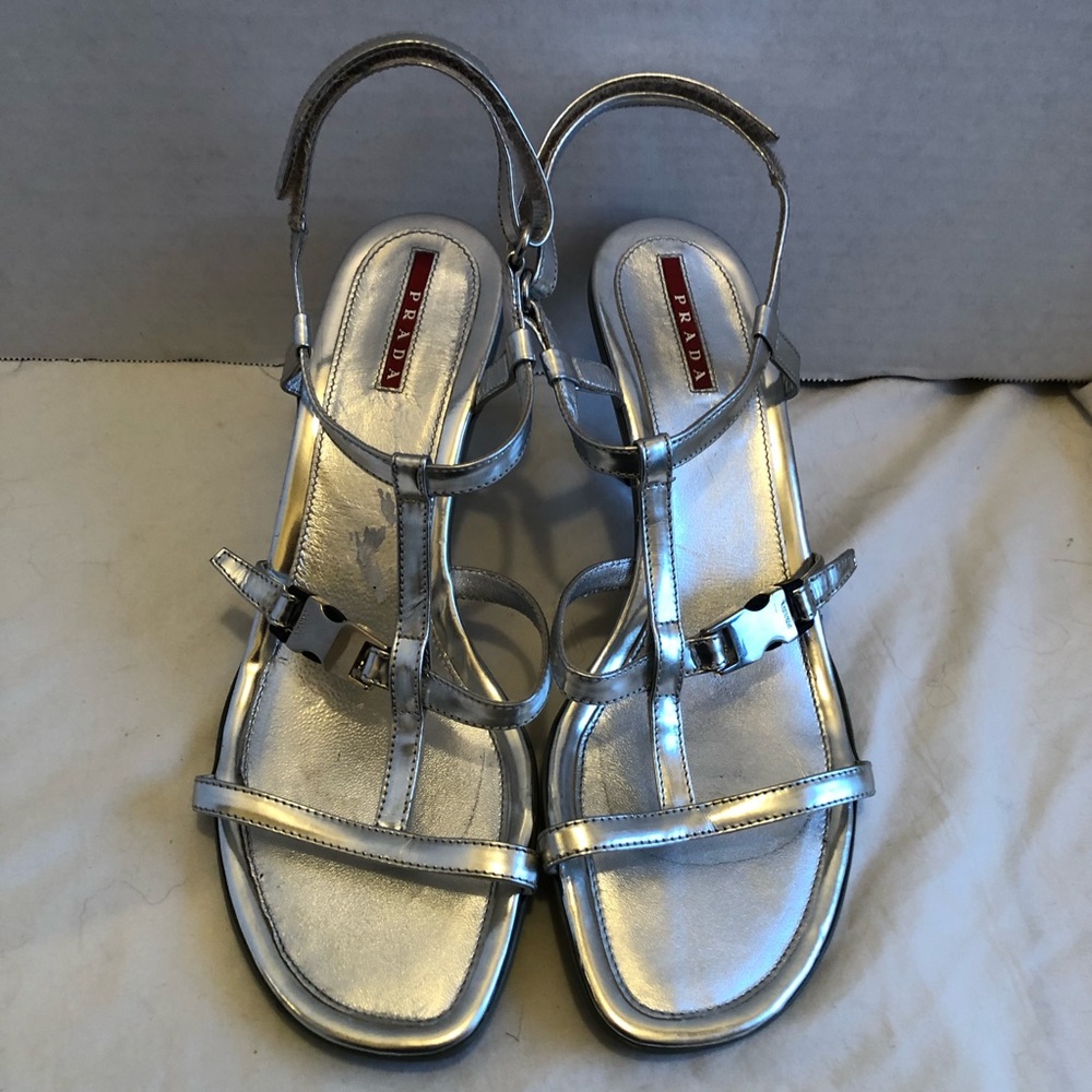 Prada silver strappy sandal heels